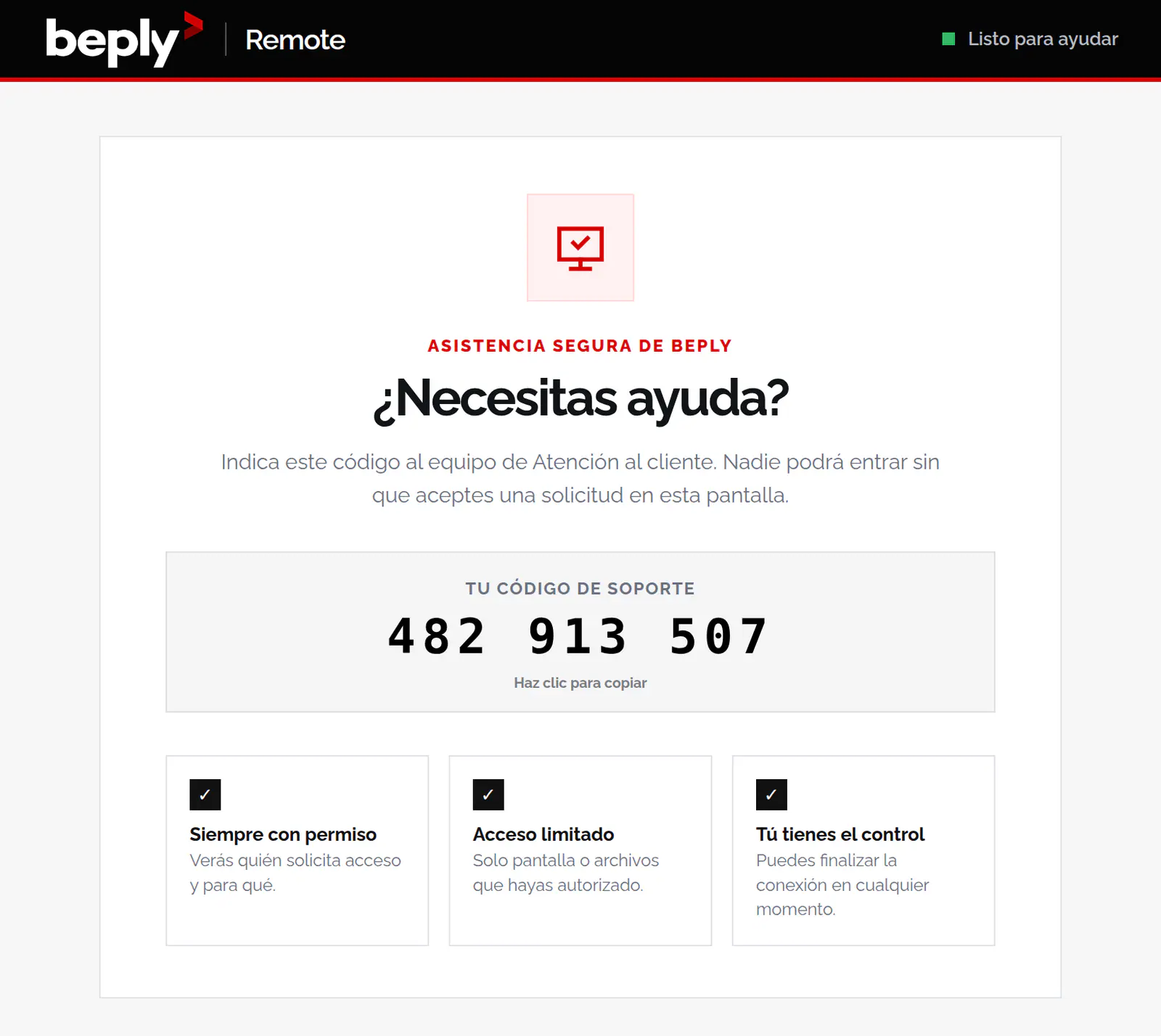 Pantalla principal de BeplyRemote con el código de soporte de nueve dígitos y las tres garantías de la sesión