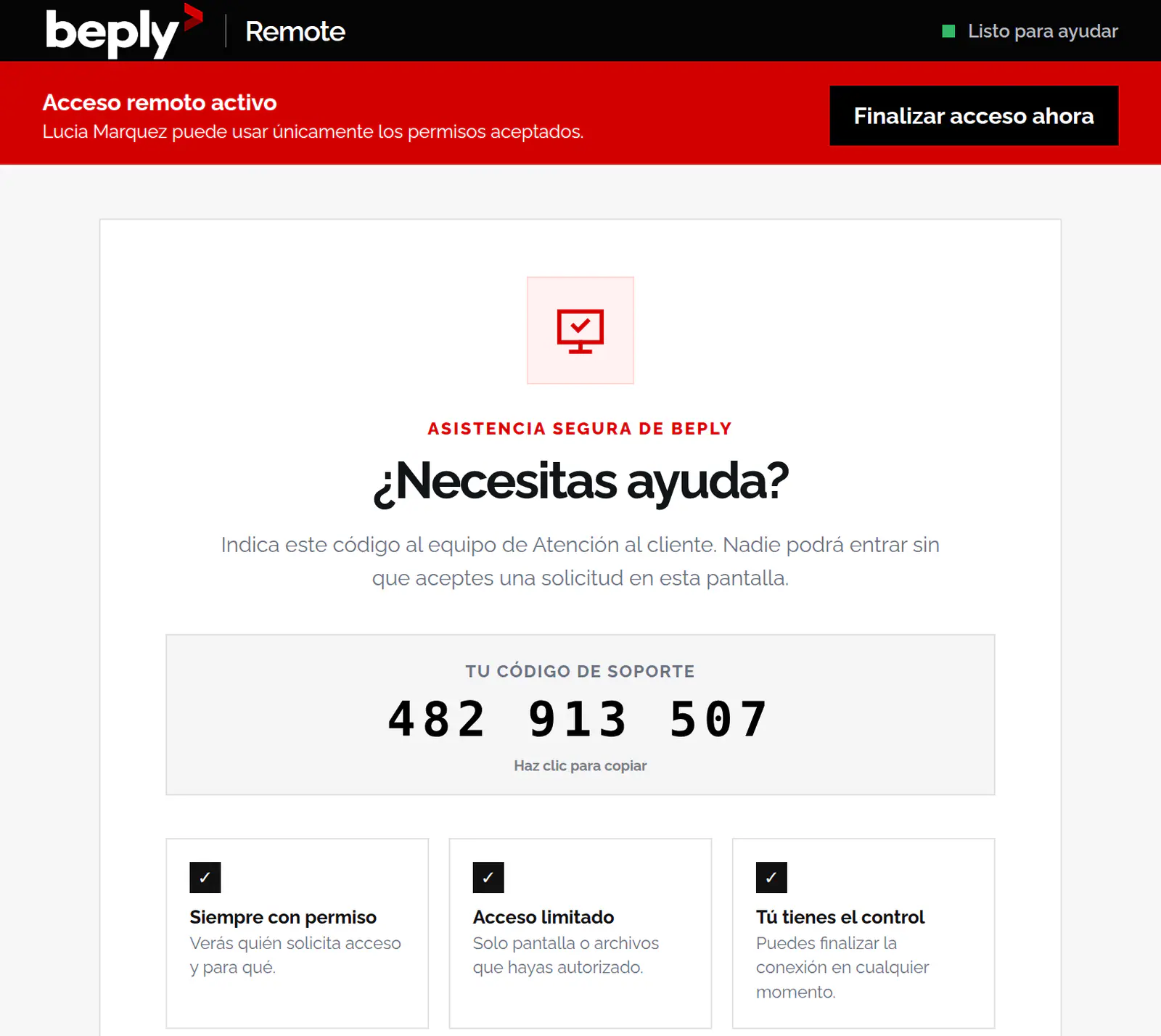 BeplyRemote durante una sesión activa, con la barra roja de aviso permanente y el botón Finalizar acceso ahora