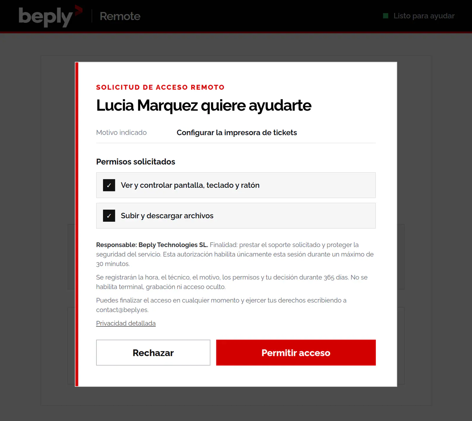 Ventana de BeplyRemote pidiendo autorización: operador, motivo, permisos solicitados y botones Rechazar o Permitir acceso