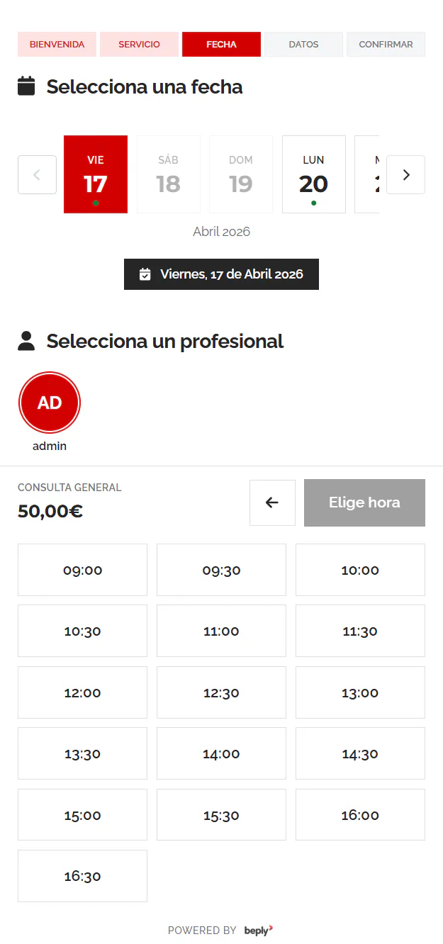 Widget de reservas online de Beply en móvil